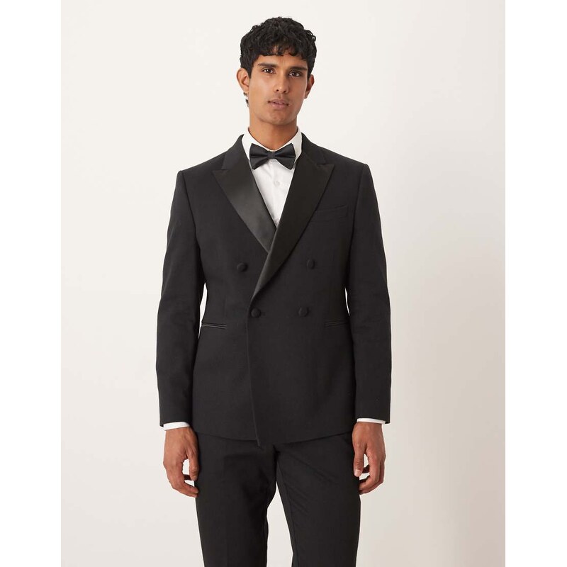 ASOS DESIGN double breasted tuxedo suit jacket in black texture