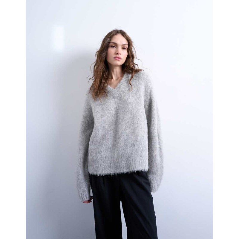 Topshop premium knitted fluffy v-neck alpaca jumper in light grey 108901188