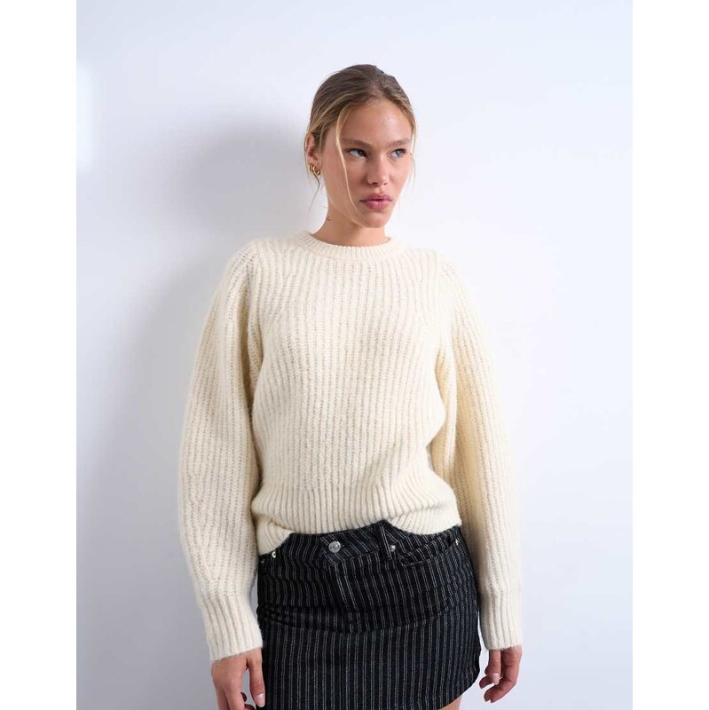 Topshop knitted rounded sleeve jumper in ivory-White