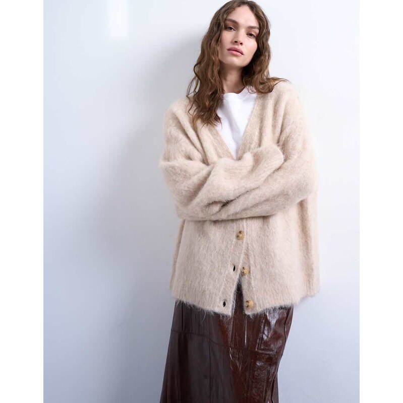 Topshop knitted premium alpaca cardigan in beige-Neutral