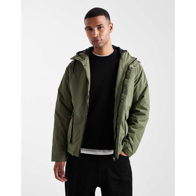 Threadbare padded showerproof hooded parka in khaki-Green