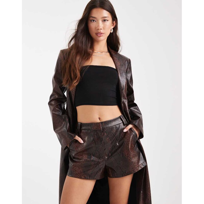ASOS DESIGN tailored faux leather micro shorts co-ord in brown