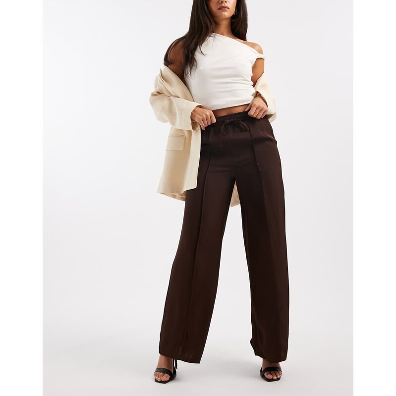 New Look satin wide leg trousers in brown