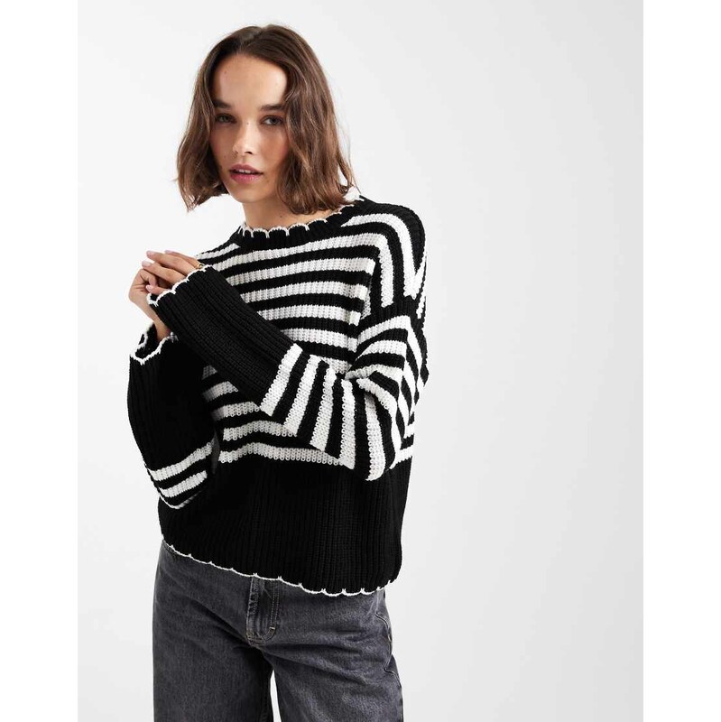 Miss Selfridge stripe chunky jumper in black and white-Multi 108901365
