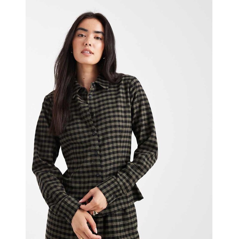 ASOS DESIGN cinched shirt in co-ord in black & khaki check-Multi