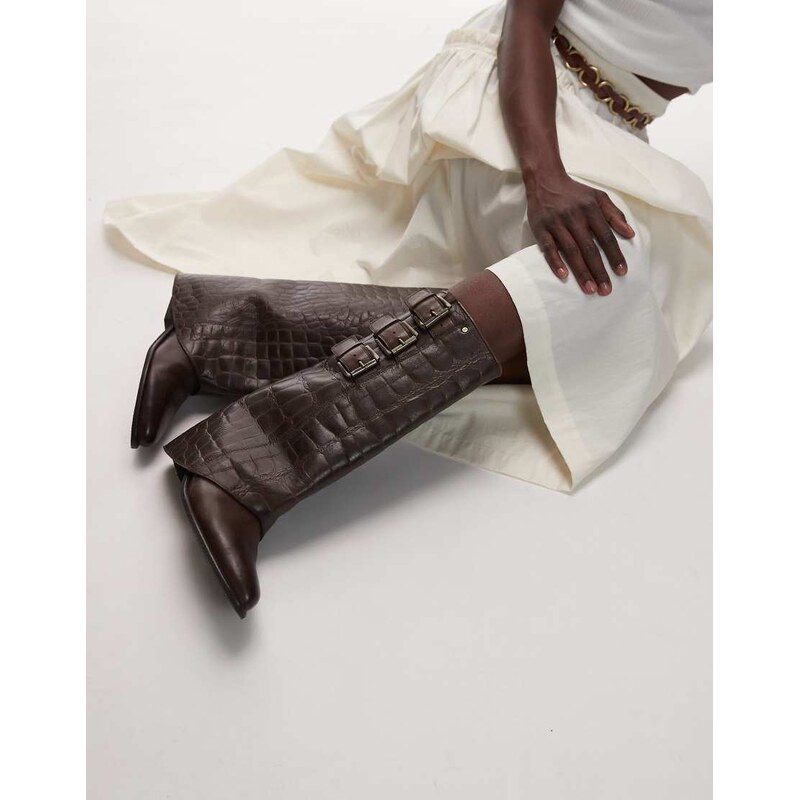 Bronx kendr-a buckle detail fold over boot in croc print coffee bean 109353618