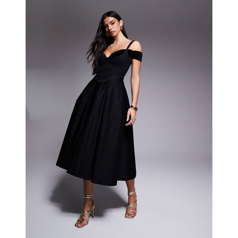 ASOS LUXE midi dress with full skirt and velvet inserts in black 110942418
