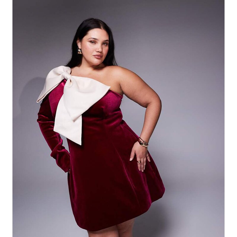 ASOS LUXE Curve one shoulder velvet mini dress with bow detail