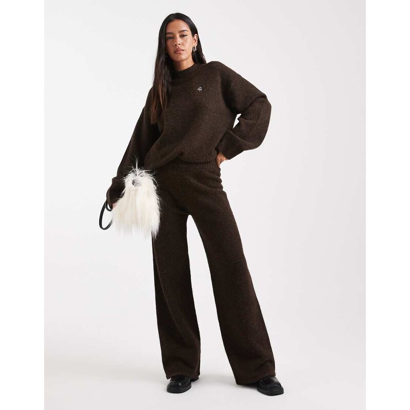 4th & Reckless wool feel knitted wide leg trouser co-ord in chocolate 109186977