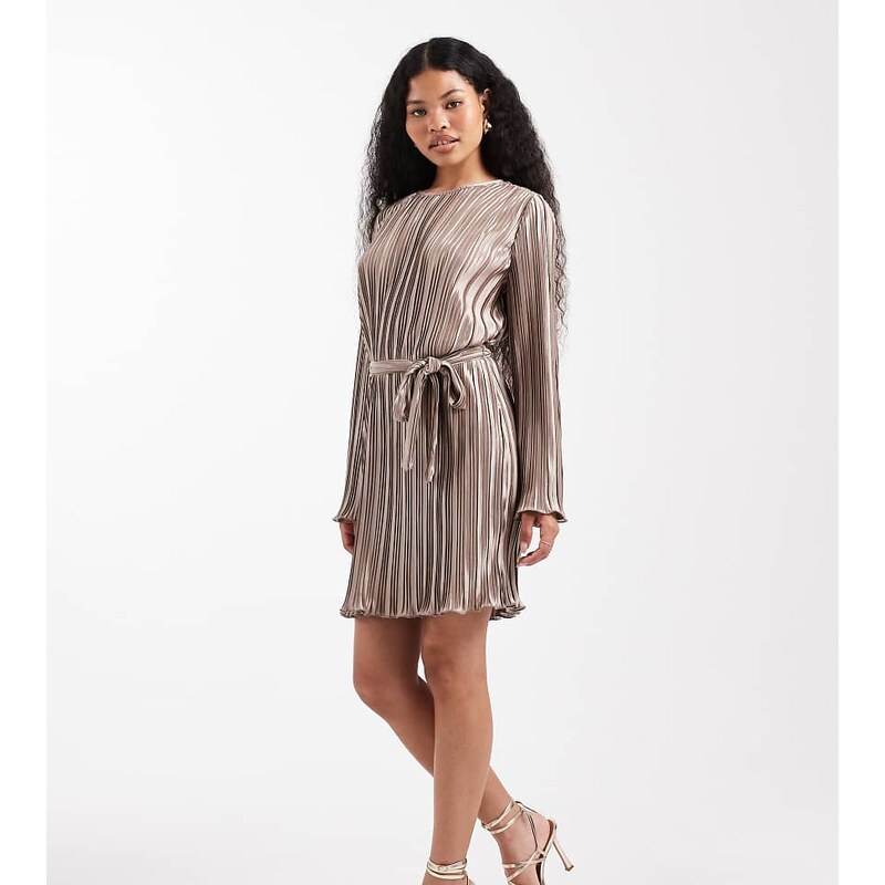Vero Moda Petite tie waist plisse mini dress in gold