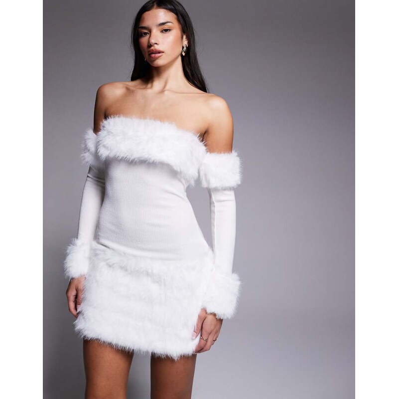 ASOS LUXE bardot knit mini dress with faux fur trim in white