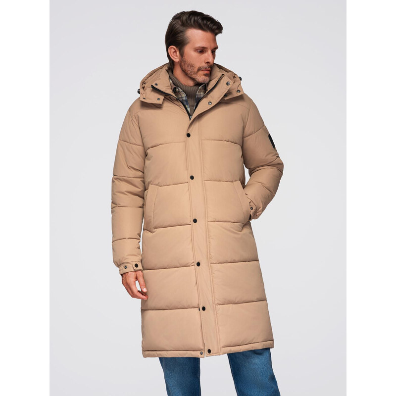 Ombre Mens quilted long jacket with detachable hood - beige