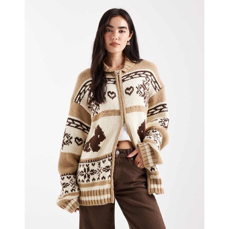 Daisy Street zip up oversized cardigan with bunny graphic in brown 108910909