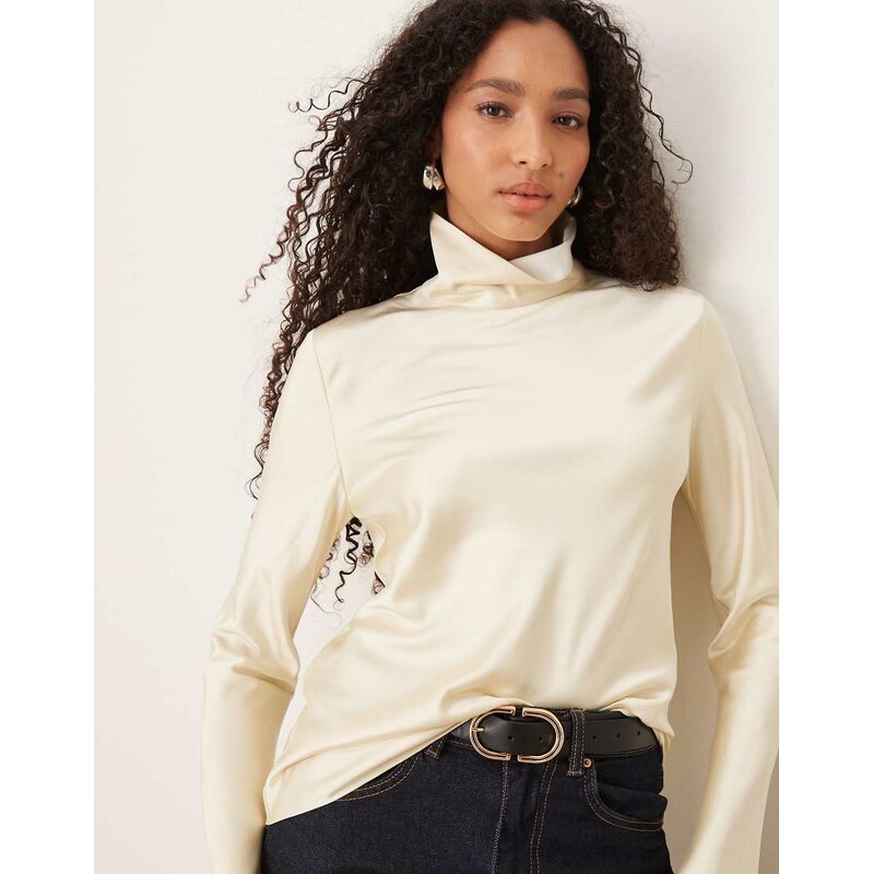 Mango Capsule high neck long sleeve satin top in cream-White
