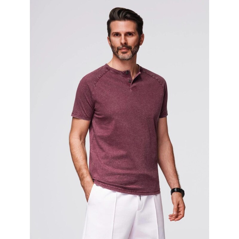 Ombre Clothing Vínové tričko na knoflíky se sepraným vzorem V3