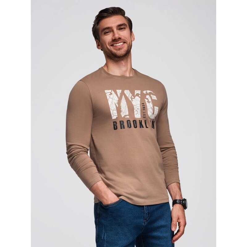 Ombre Clothing Pánské hnědé tričko s výrazným nápisem V1 LSPT