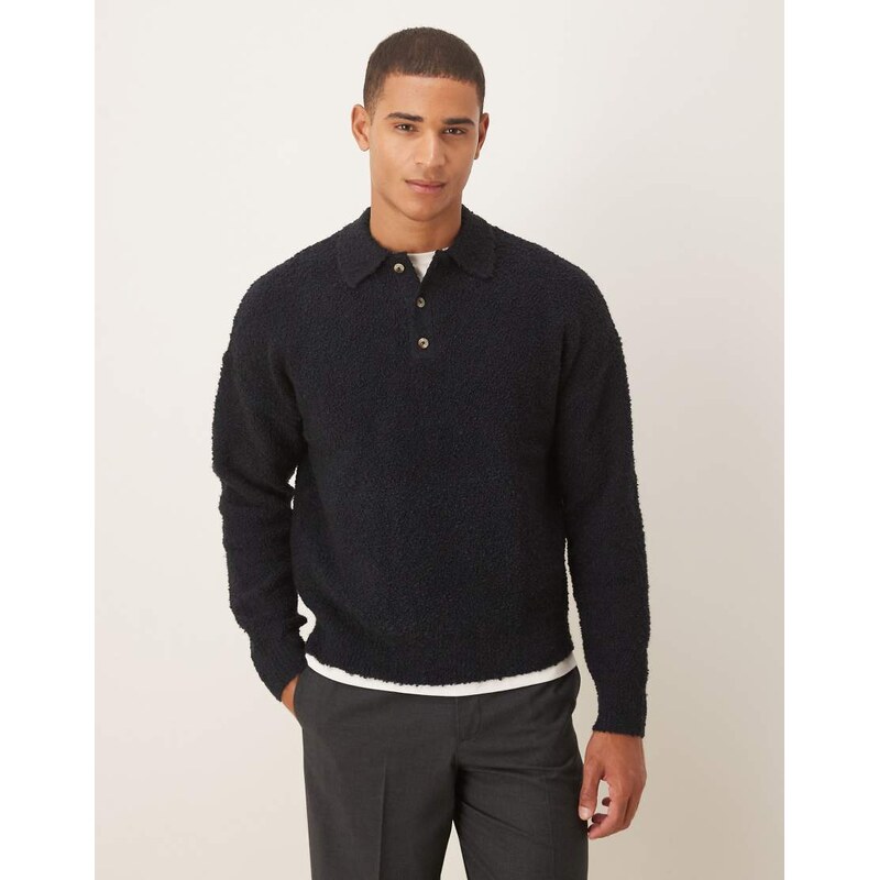 ASOS DESIGN relaxed knitted boucle polo in navy