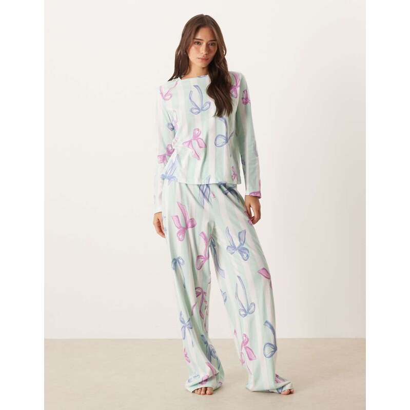 ASOS DESIGN bow long sleeve top & trouser pyjama set in blue