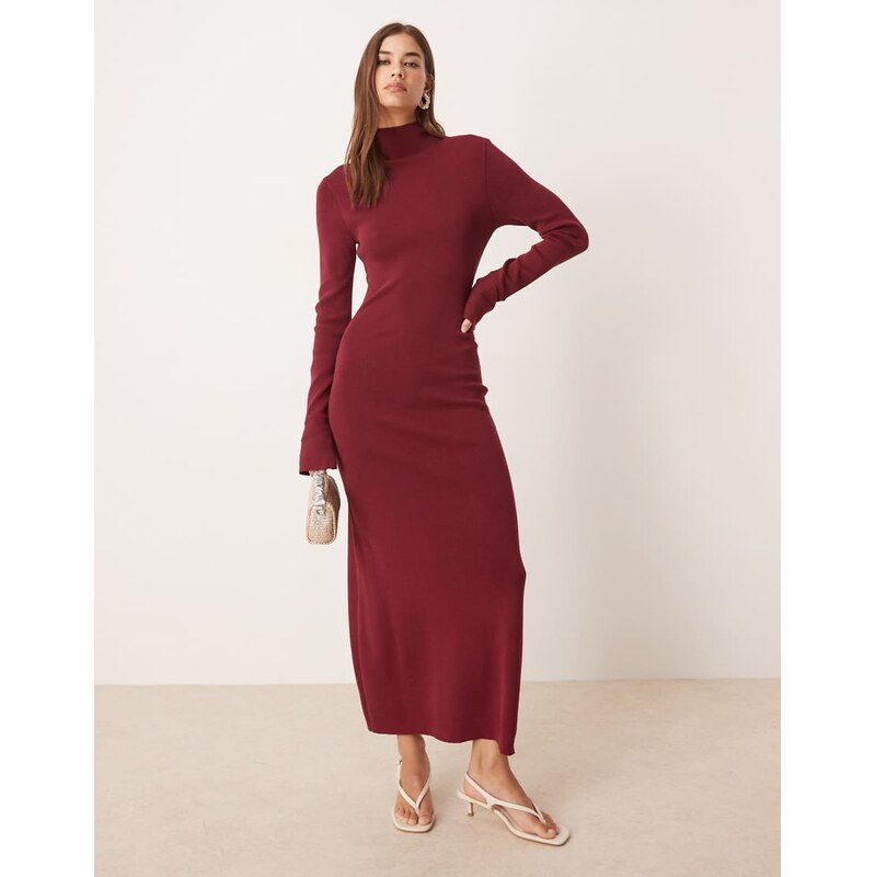 Pretty Lavish flared sleeve knit midaxi dress in burgundy 108913443