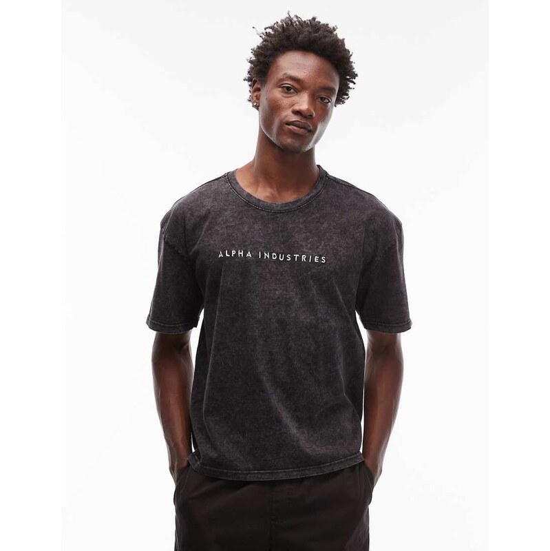 Alpha Industries acid wash logo t-shirt in black 115708614