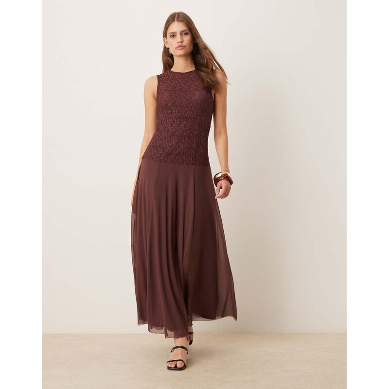 ASOS DESIGN sleeveless lace maxi dress with mesh skirt in