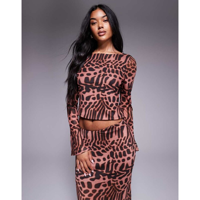 ASOS DESIGN co-ord mesh flare sleeve top in animal print-Multi