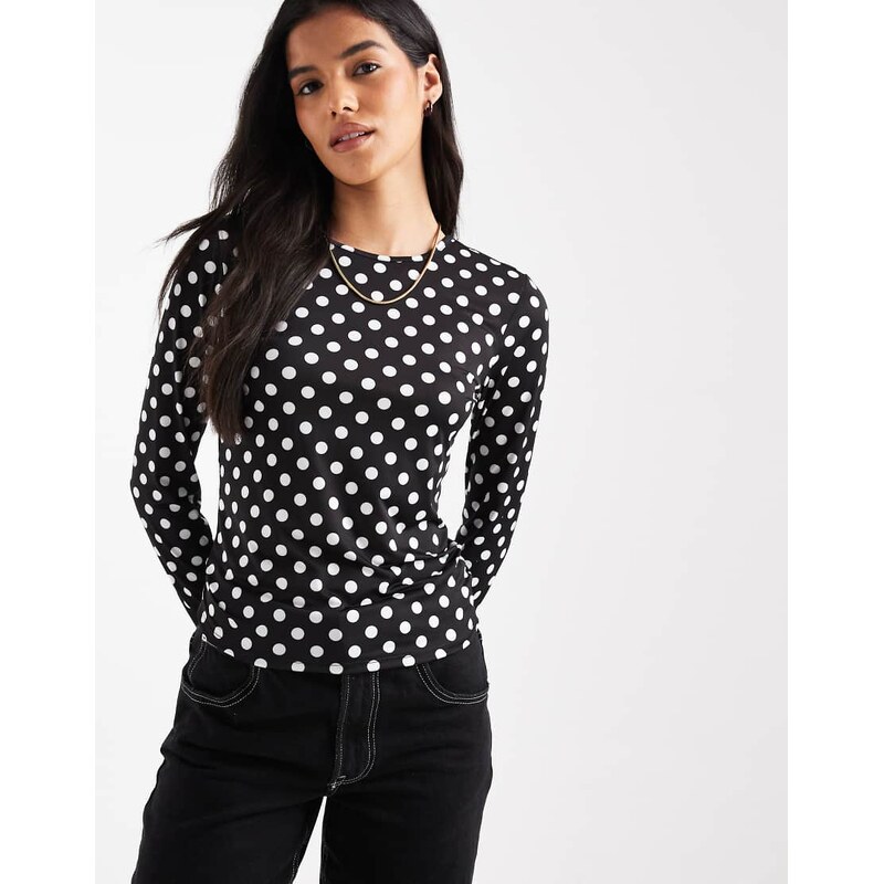 ONLY long sleeve top in black with white polka dots