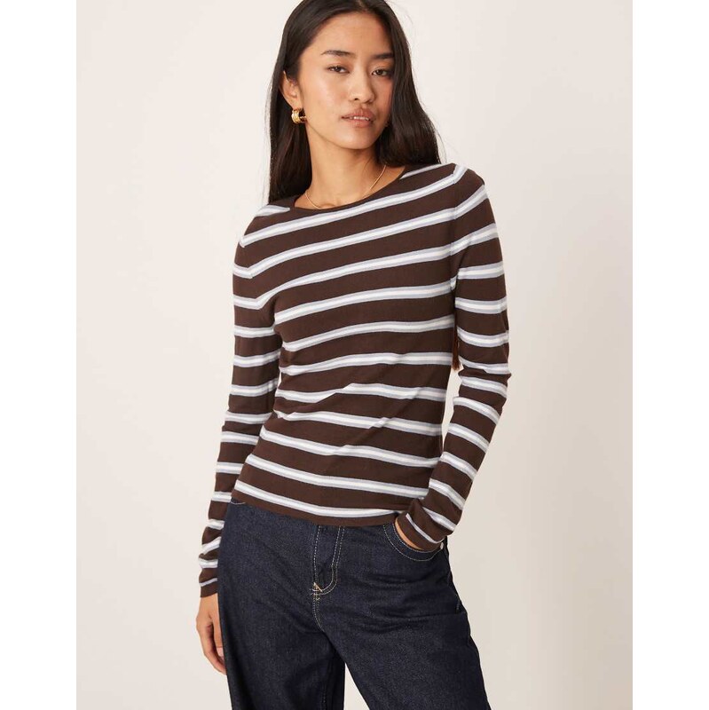 Mango round neck fine knit top in brown and blue stripe-Multi 108913564
