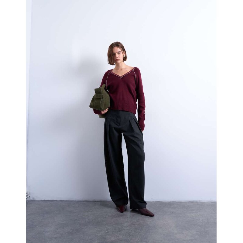 Topshop dropped waist barrel trouser in grey stripe herringbone 114737525
