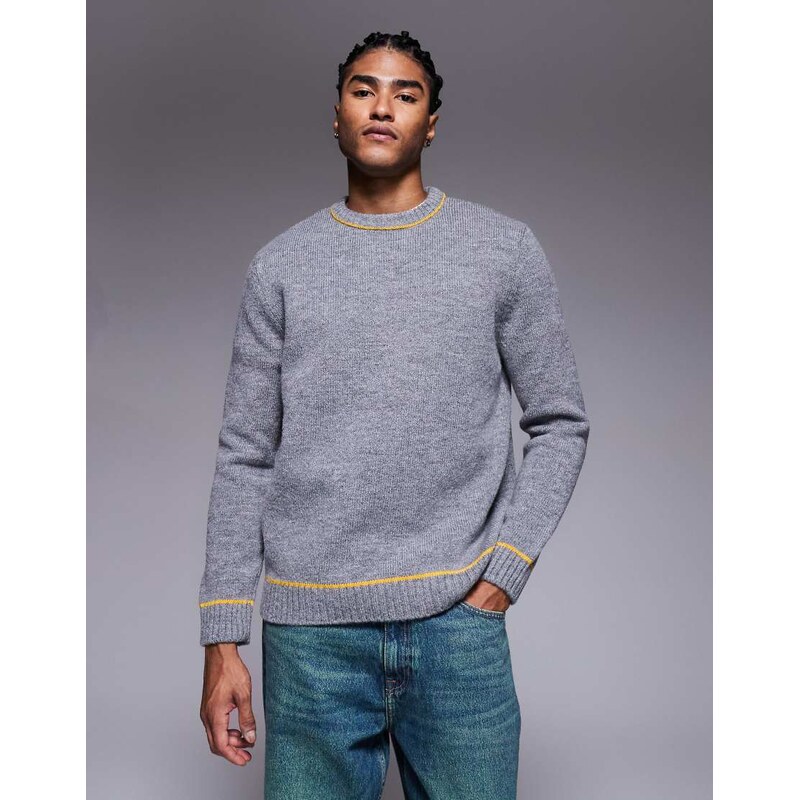 ASOS DESIGN relaxed knitted crew neck jumper in charcoal with contrast stitch-Grey