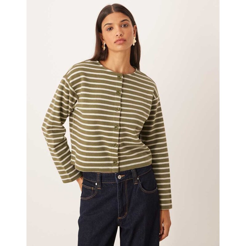 ASOS DESIGN brushed long sleeve top in olive green stripe 108913626