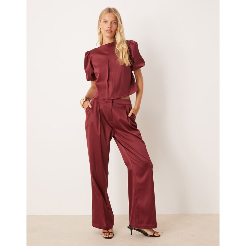Pretty Lavish satin wide leg trouser co-ord in burgundy-Red 115735059
