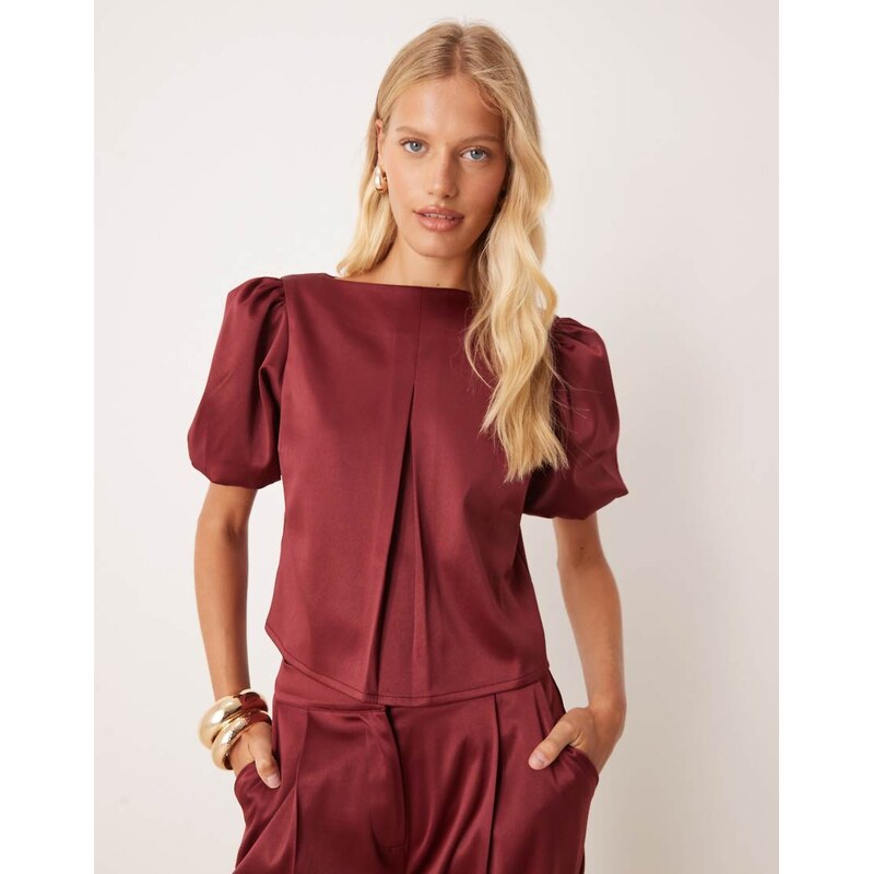 Pretty Lavish puff sleeve satin top co-ord in burgundy-Red 108923320