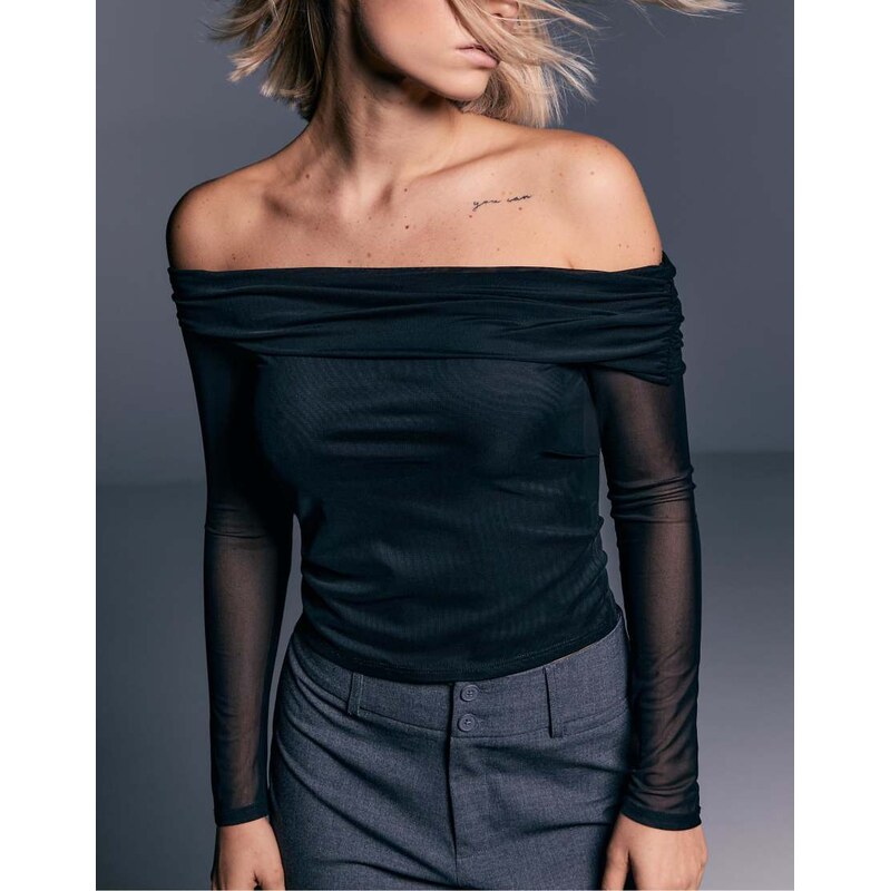 Stradivarius Asymmetric tulle top in black 108913694