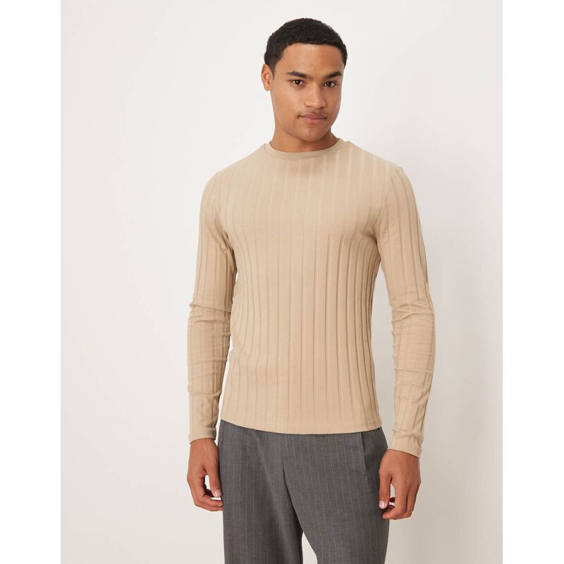ASOS DESIGN slim fit long sleeve t-shirt in beige wide rib