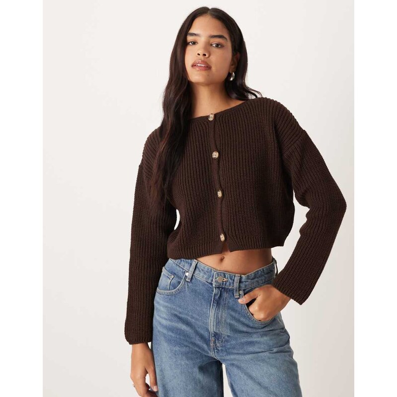 ASOS DESIGN crew neck cardigan in rib in chocolate-Brown
