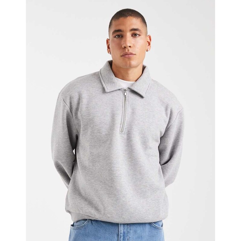 ASOS DESIGN boxy relaxed quarter zip rugby sweatshirt in grey