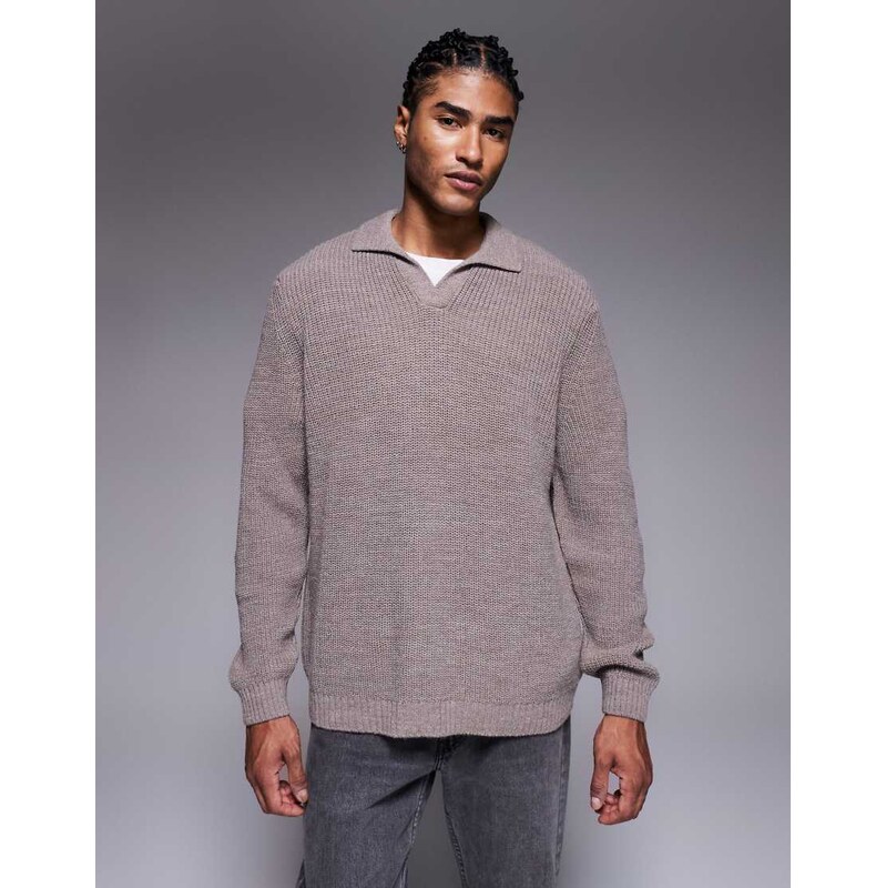 ASOS DESIGN relaxed knitted rib notch neck polo in mink-Neutral