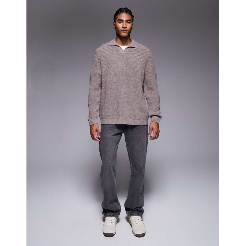 ASOS DESIGN relaxed knitted rib notch neck polo in mink-Neutral