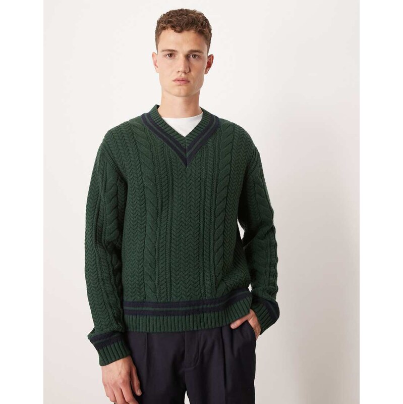 Abercrombie & Fitch long sleeve v neck stripe detail cable knit jumper 111079374