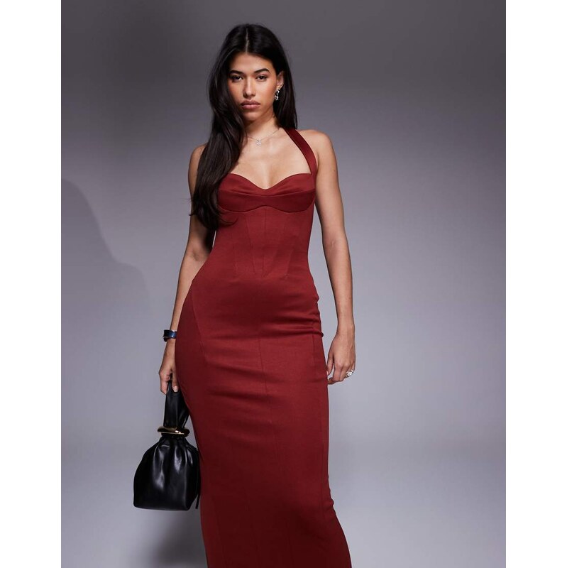ASOS DESIGN structured corseted midi dress in dark cherry