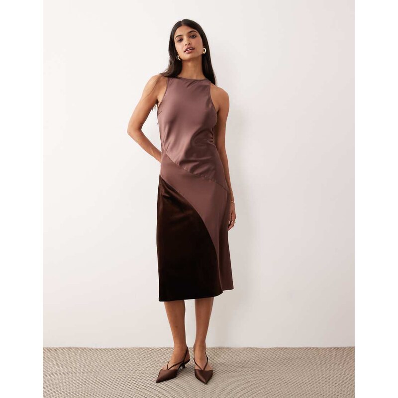 AWARE asymetric mixed texture satin midi dress in burgundy-Brown