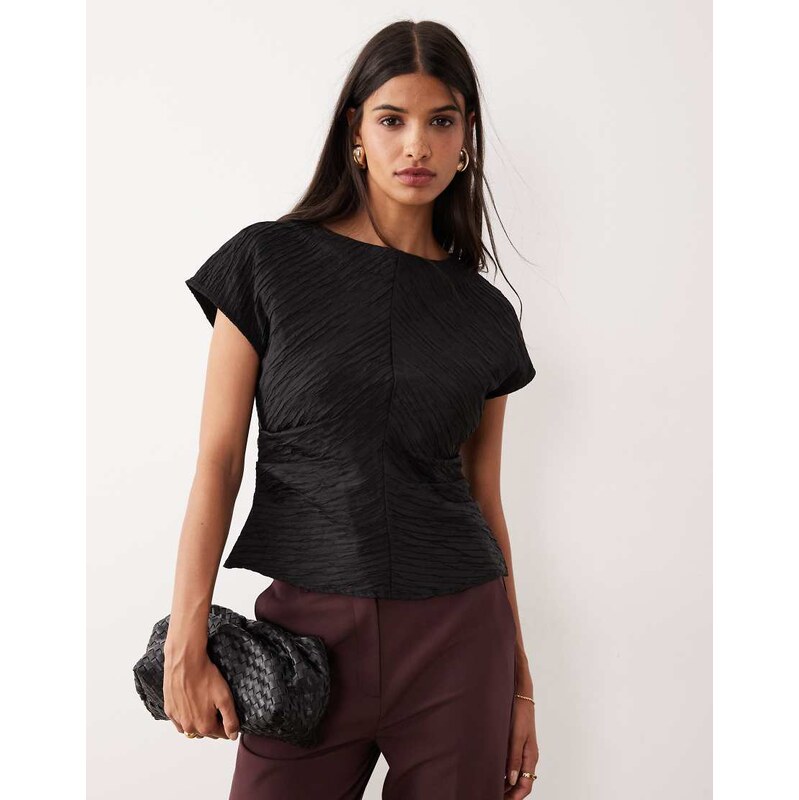 AWARE structured pleated boat neck top in black 114309409