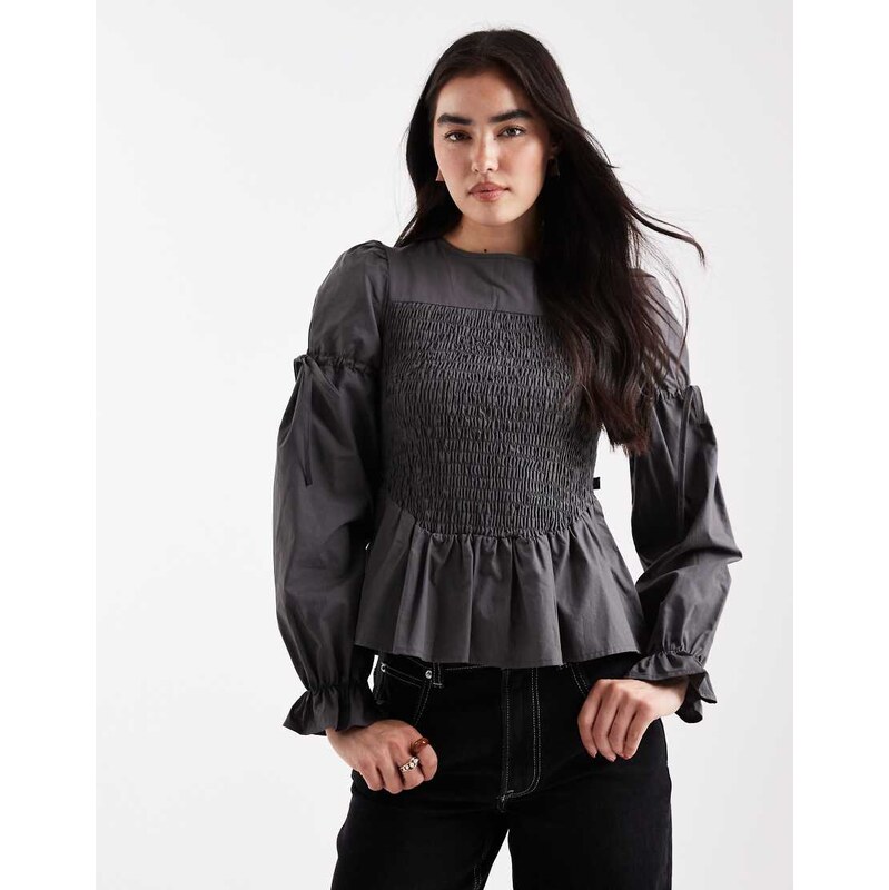 Daisy Street long sleeve shirred waist puplum hem top in slate grey 108917780
