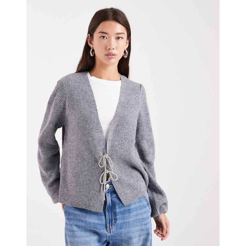 Pieces cardigan with embellished bow ties in medium grey melange 108917790