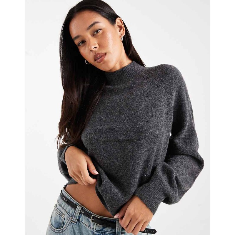 Vero Moda funnel neck volume sleeve jumper in dark grey melange