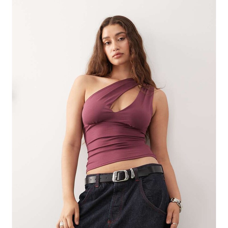 Weekday one shoulder top with slash detail in burgundy exclusive