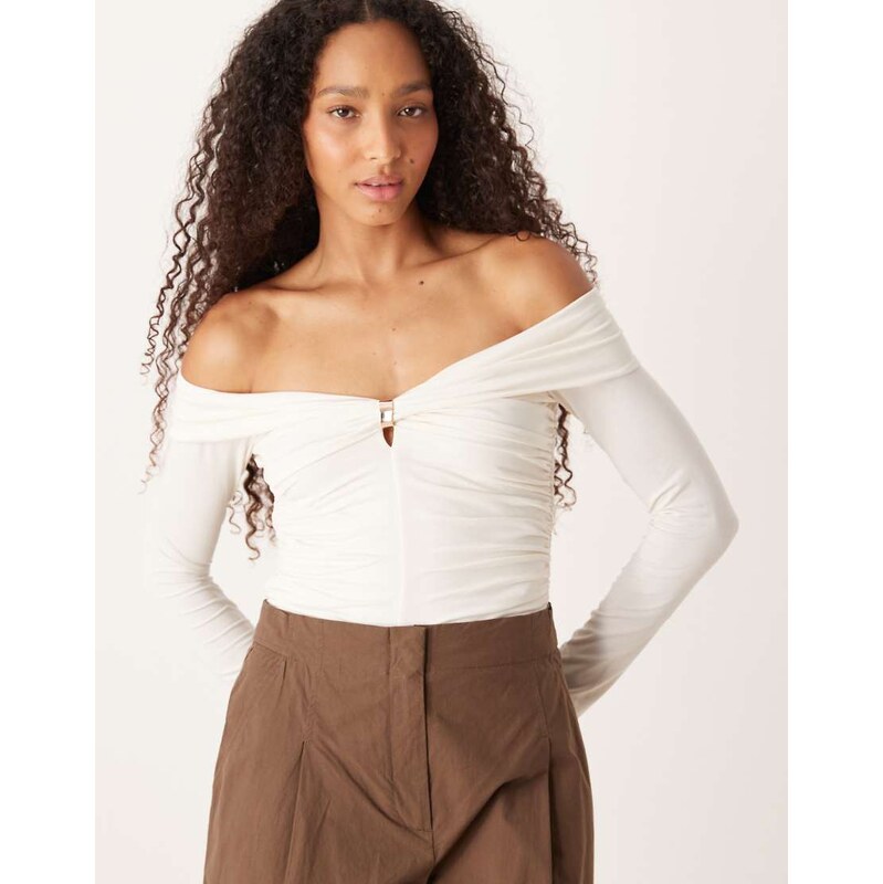 Abercrombie & Fitch long sleeve off the shoulder hardware top in cream 108917803