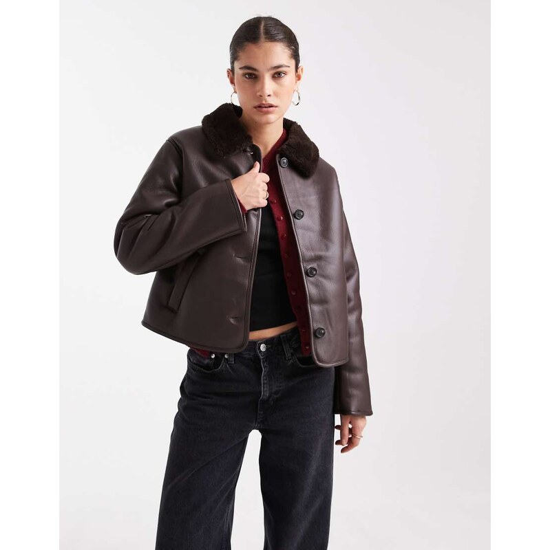 New Look bonded collar short jacket in brown 108917818