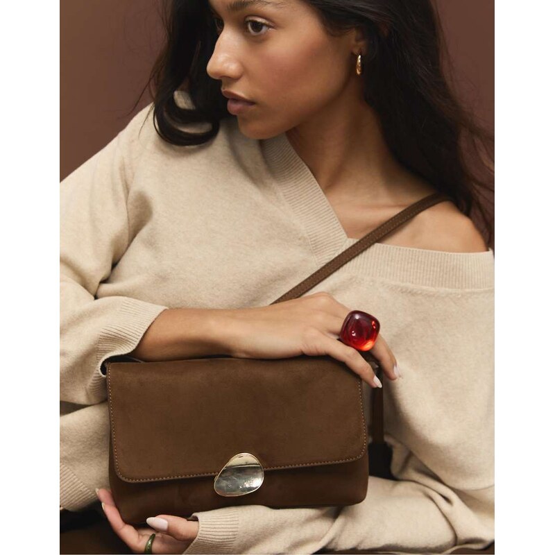 Stradivarius Faux suede bag with asymmetric metal clasp in brown 108917851